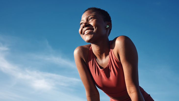  Fitness, black woman and happy athlete smile hero