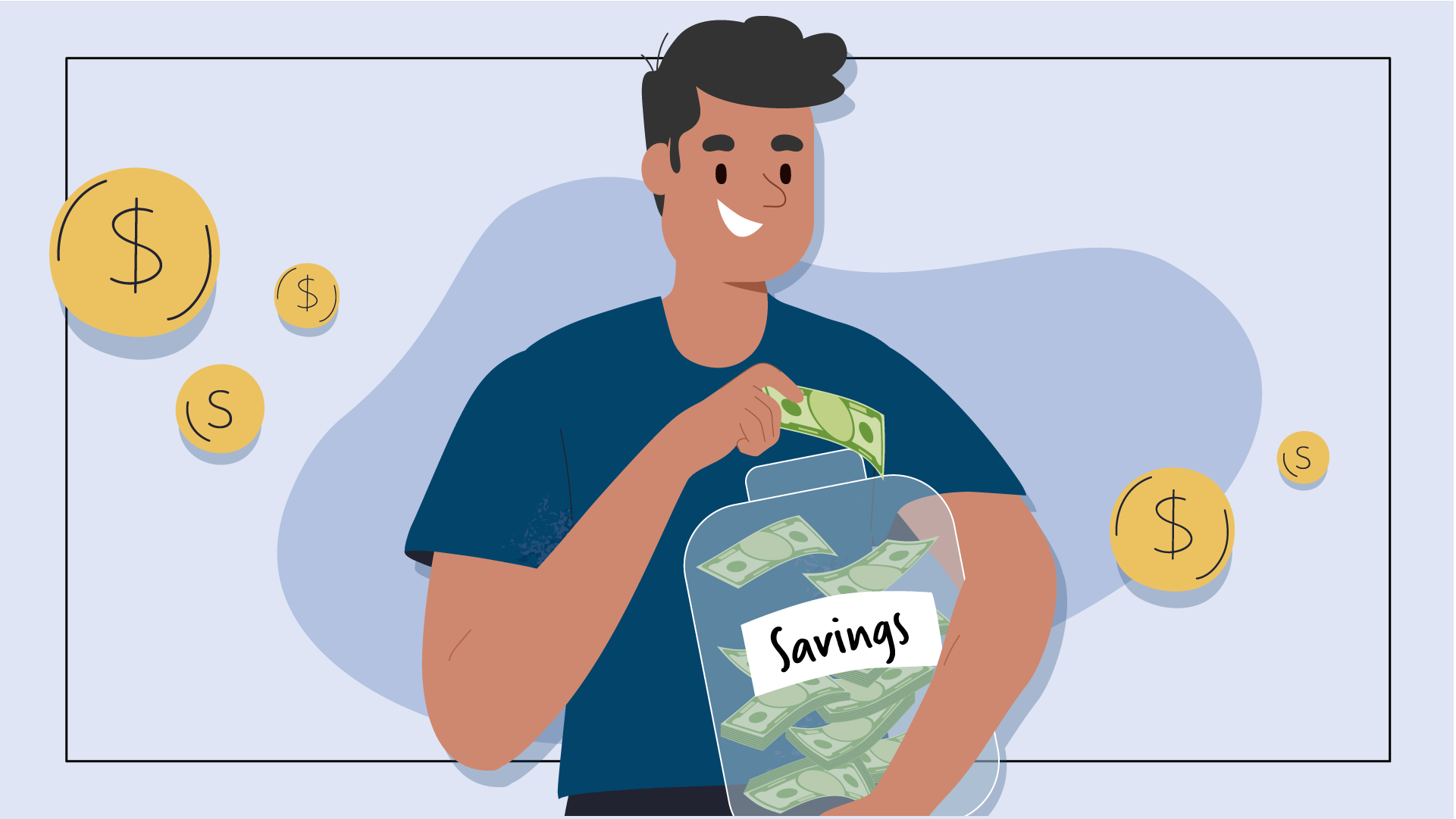 Man putting cash in jar labeled 'savings'